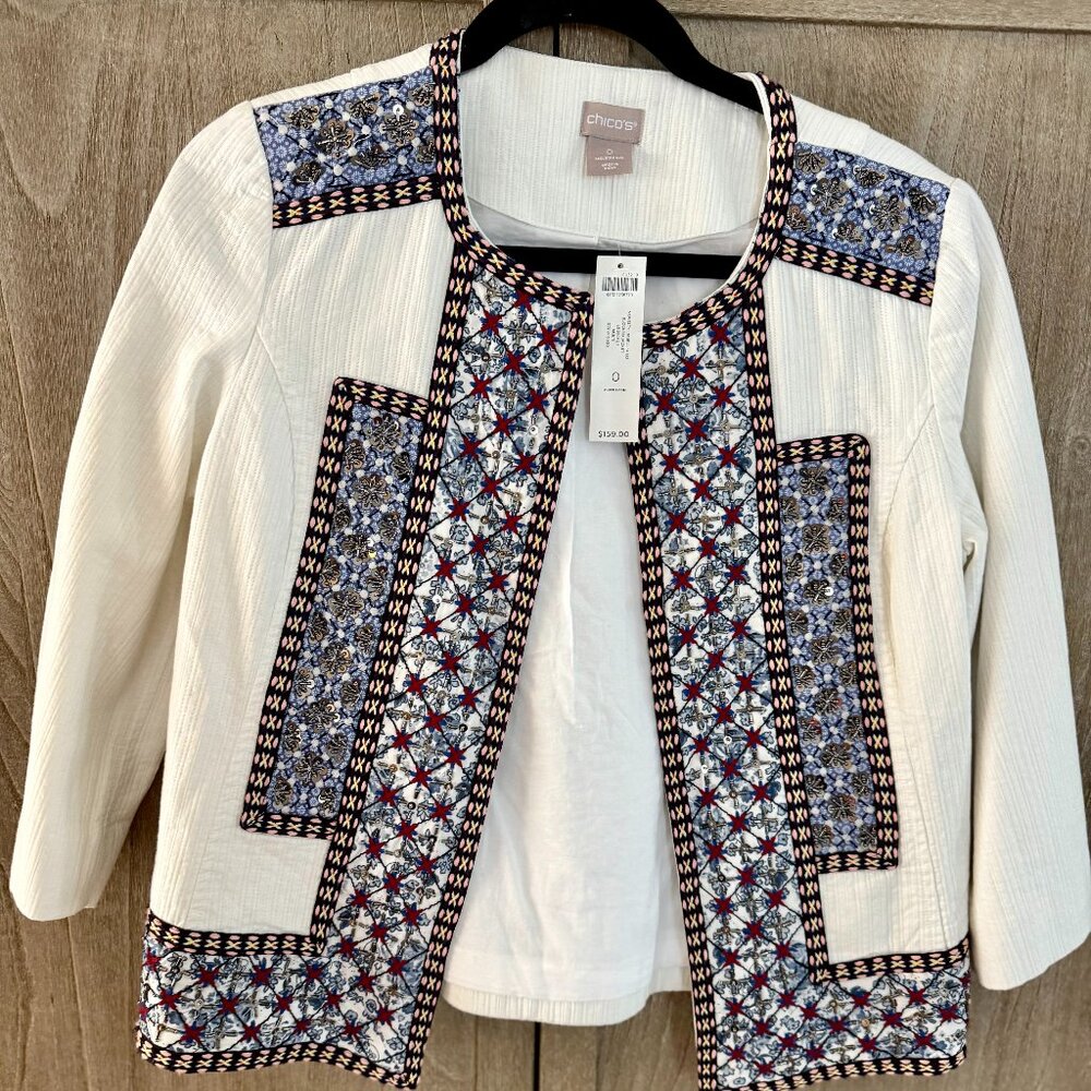 Chico’s Textured / Printed Open-Front Jacket (No-Iron or Travelers line)